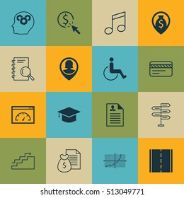 Set Of 16 Universal Editable Icons. Can Be Used For Web, Mobile And App Design. Includes Icons Such As PPC, Curriculum Vitae, Accessibility And More.