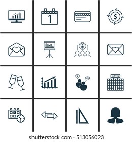 Set Of 16 Universal Editable Icons. Can Be Used For Web, Mobile And App Design. Includes Icons Such As Celebration Letter, Crossroad, Profit Graph And More.