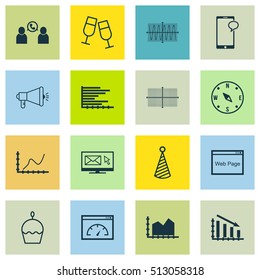 Set Of 16 Universal Editable Icons. Can Be Used For Web, Mobile And App Design. Includes Icons Such As Messaging, Bars Chart, Sinus Graph And More.