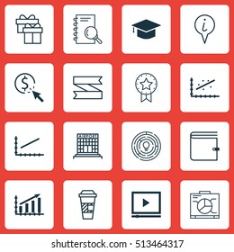 Set Of 16 Universal Editable Icons. Can Be Used For Web, Mobile And App Design. Includes Icons Such As Takeaway Coffee, Present Badge, Analytics And More.