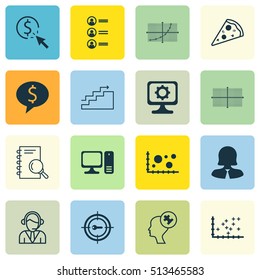 Set Of 16 Universal Editable Icons. Can Be Used For Web, Mobile And App Design. Includes Icons Such As Human Mind, Plot Diagram, PPC And More.