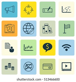 Set Of 16 Universal Editable Icons. Can Be Used For Web, Mobile And App Design. Includes Icons Such As Wireless, Plastic Card, Money And More.