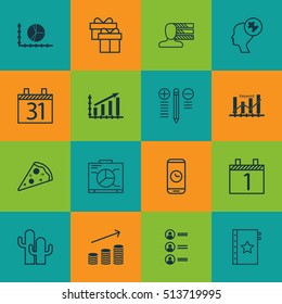Set Of 16 Universal Editable Icons. Can Be Used For Web, Mobile And App Design. Includes Icons Such As Personal Skills, Sliced Pizza, Profit Graph And More.