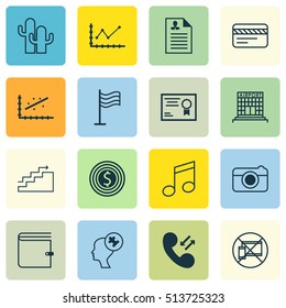 Set Of 16 Universal Editable Icons. Can Be Used For Web, Mobile And App Design. Includes Icons Such As Forbidden Mobile, Certificate, Analytics And More.