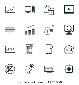Set Of 16 Universal Editable Icons. Can Be Used For Web, Mobile And App Design. Includes Icons Such As Investment, Square Diagram, Desktop Computer And More.
