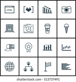 Set Of 16 Universal Editable Icons. Can Be Used For Web, Mobile And App Design. Includes Icons Such As Coding, World, Fail Graph And More.
