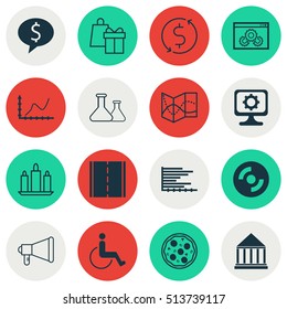 Set Of 16 Universal Editable Icons. Can Be Used For Web, Mobile And App Design. Includes Icons Such As Shopping, Education Center, Business Deal And More.