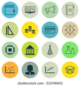 Set Of 16 Universal Editable Icons. Can Be Used For Web, Mobile And App Design. Includes Icons Such As Chip, Open Cardboard, Money And More.