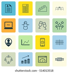 Set Of 16 Universal Editable Icons. Can Be Used For Web, Mobile And App Design. Includes Icons Such As Festive Fireworks, Investment, Loading Speed And More.