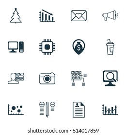 Set Of 16 Universal Editable Icons. Can Be Used For Web, Mobile And App Design. Includes Icons Such As Laptop, Drink Cup, Desktop Computer And More.