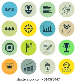 Set Of 16 Universal Editable Icons. Can Be Used For Web, Mobile And App Design. Includes Icons Such As Pin, Tournament, Brain Process And More.