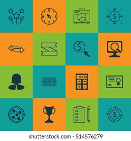 Set Of 16 Universal Editable Icons. Can Be Used For Web, Mobile And App Design. Includes Icons Such As Tournament, Cosinus Diagram, Business Woman And More.