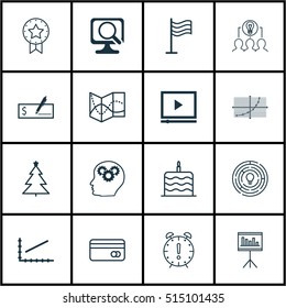 Set Of 16 Universal Editable Icons. Can Be Used For Web, Mobile And App Design. Includes Icons Such As Present Badge, Presentation, Pin And More.