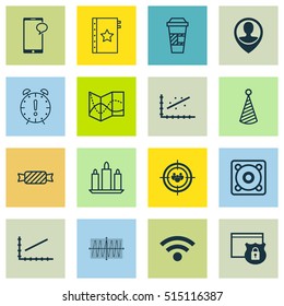 Set Of 16 Universal Editable Icons. Can Be Used For Web, Mobile And App Design. Includes Icons Such As Music, Road Map, Wireless And More.