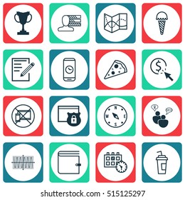 Set Of 16 Universal Editable Icons. Can Be Used For Web, Mobile And App Design. Includes Icons Such As Road Map, Forbidden Mobile, Frozen Food And More.