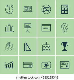 Set Of 16 Universal Editable Icons. Can Be Used For Web, Mobile And App Design. Includes Icons Such As Certificate, Collaborative Solution, Financial And More.