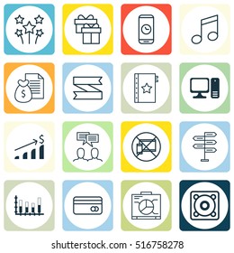 Set Of 16 Universal Editable Icons. Can Be Used For Web, Mobile And App Design. Includes Icons Such As Warranty, Blank Ribbon, Crotchets And More.