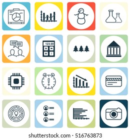 Set Of 16 Universal Editable Icons. Can Be Used For Web, Mobile And App Design. Includes Icons Such As Bars Chart, Bank Card, Education Center And More.