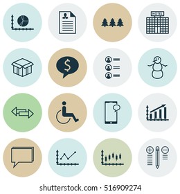 Set Of 16 Universal Editable Icons. Can Be Used For Web, Mobile And App Design. Includes Icons Such As Hotel Construction, Winter, Business Deal And More.