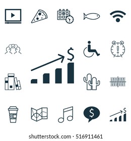 Set Of 16 Universal Editable Icons. Can Be Used For Web, Mobile And App Design. Includes Icons Such As Sliced Pizza, Crotchets, Takeaway Coffee And More.