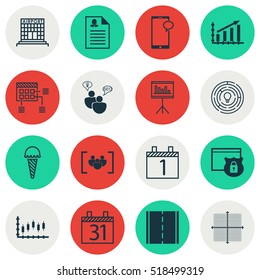 Set Of 16 Universal Editable Icons. Can Be Used For Web, Mobile And App Design. Includes Icons Such As Messaging, Presentation, Frozen Food And More.