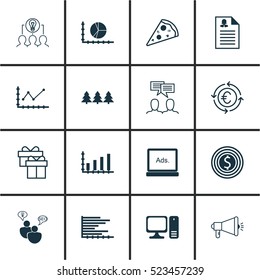 Set Of 16 Universal Editable Icons. Can Be Used For Web, Mobile And App Design. Includes Elements Such As Discussion, Circle Graph, Currency Recycle And More.