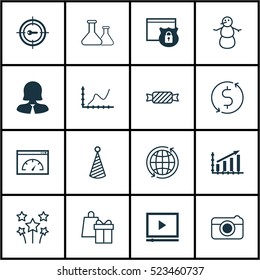 Set Of 16 Universal Editable Icons. Can Be Used For Web, Mobile And App Design. Includes Elements Such As Profit Graph, Birthday Hat, World And More.