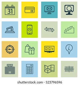 Set Of 16 Universal Editable Icons. Can Be Used For Web, Mobile And App Design. Includes Elements Such As Info Pointer, Hotel Construction, Credit Card And More.