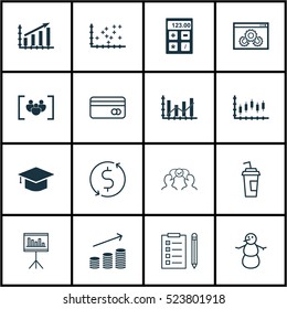 Set Of 16 Universal Editable Icons. Can Be Used For Web, Mobile And App Design. Includes Elements Such As Reminder, Plastic Card, Profit Graph And More.