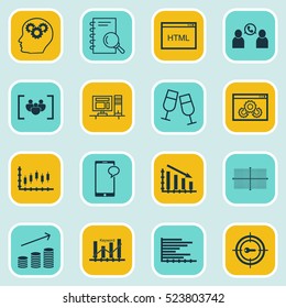 Set Of 16 Universal Editable Icons. Can Be Used For Web, Mobile And App Design. Includes Elements Such As Champagne Glasses, Brain Process, Bars Chart And More.