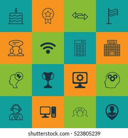 Set Of 16 Universal Editable Icons. Can Be Used For Web, Mobile And App Design. Includes Elements Such As Wireless, Human Mind, Hotel Construction And More.