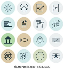 Set Of 16 Universal Editable Icons. Can Be Used For Web, Mobile And App Design. Includes Elements Such As Schedule, Currency Recycle, Fishing And More.