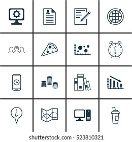 Set Of 16 Universal Editable Icons. Can Be Used For Web, Mobile And App Design. Includes Elements Such As Drink Cup, Time Management, Desktop Computer And More.
