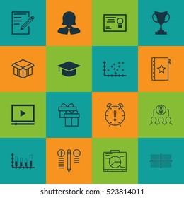Set Of 16 Universal Editable Icons. Can Be Used For Web, Mobile And App Design. Includes Elements Such As Collaborative Solution, Time Management, Segmented Bar Graph And More.