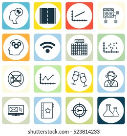 Set Of 16 Universal Editable Icons. Can Be Used For Web, Mobile And App Design. Includes Elements Such As Hotel Construction, Chemical, Brain Process And More.