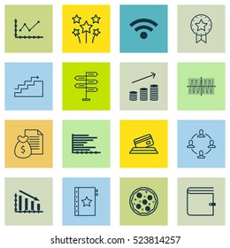 Set Of 16 Universal Editable Icons. Can Be Used For Web, Mobile And App Design. Includes Elements Such As Fail Graph, Present Badge, Changes Graph And More.
