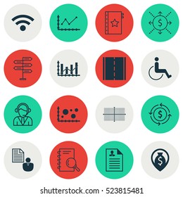 Set Of 16 Universal Editable Icons. Can Be Used For Web, Mobile And App Design. Includes Elements Such As Wireless, Money Navigation, Money And More.