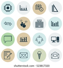 Set Of 16 Universal Editable Icons. Can Be Used For Web, Mobile And App Design. Includes Elements Such As Chip, Paper, Raise Diagram And More.