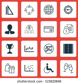 Set Of 16 Universal Editable Icons. Can Be Used For Web, Mobile And App Design. Includes Elements Such As Champagne Glasses, Collaboration, Plot Diagram And More.