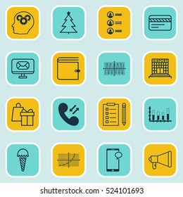 Set Of 16 Universal Editable Icons. Can Be Used For Web, Mobile And App Design. Includes Elements Such As Decorated Tree, Segmented Bar Graph, Line Grid And More.