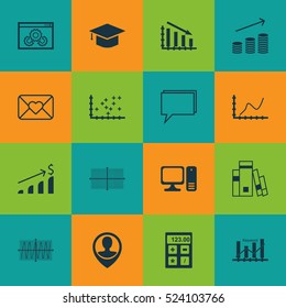Set Of 16 Universal Editable Icons. Can Be Used For Web, Mobile And App Design. Includes Elements Such As Library, Celebration Letter, Website Performance And More.
