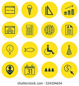 Set Of 16 Universal Editable Icons. Can Be Used For Web, Mobile And App Design. Includes Elements Such As World, Website, Info Pointer And More.