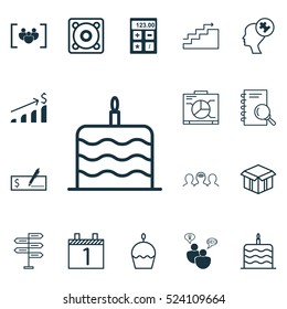 Set Of 16 Universal Editable Icons. Can Be Used For Web, Mobile And App Design. Includes Elements Such As Analysis, Celebration Cake, SEO Brainstorm And More.