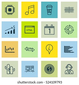 Set Of 16 Universal Editable Icons. Can Be Used For Web, Mobile And App Design. Includes Elements Such As Cacti, Stock Market, Bars Chart And More.