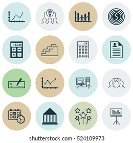 Set Of 16 Universal Editable Icons. Can Be Used For Web, Mobile And App Design. Includes Elements Such As Education Center, Achievement Graph, Collaborative Solution And More.