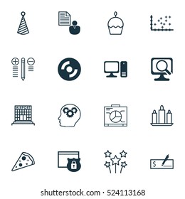 Set Of 16 Universal Editable Icons. Can Be Used For Web, Mobile And App Design. Includes Elements Such As Festive Fireworks, Board, Desktop Computer And More.