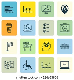 Set Of 16 Universal Editable Icons. Can Be Used For Web, Mobile And App Design. Includes Elements Such As Sinus Graph, Online Identity, Job Applicants And More.