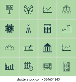 Set Of 16 Universal Editable Icons. Can Be Used For Web, Mobile And App Design. Includes Elements Such As Growth, Computer, Achievement Graph And More.