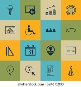 Set Of 16 Universal Editable Icons. Can Be Used For Web, Mobile And App Design. Includes Elements Such As Date, Employee Location, Fishing And More.