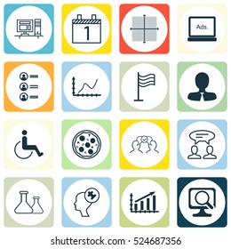 Set Of 16 Universal Editable Icons. Can Be Used For Web, Mobile And App Design. Includes Elements Such As Computer, Graphical Grid, Agenda And More.